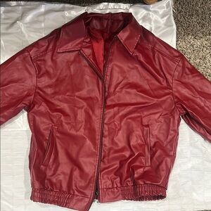 Red Leather Bomber Jacket with Elastic Waistband